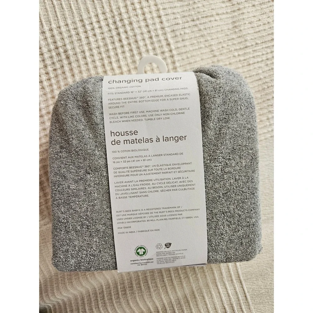 Burt's Bees Baby Changing Pad Cover Heathered Knit Terry 100% Organic Cotton